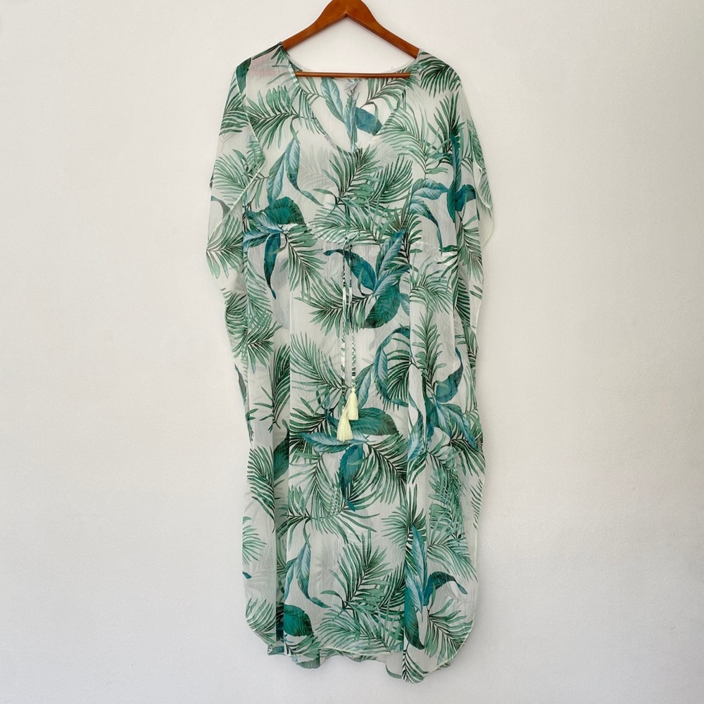 Kona Sol Tropical Beachy Vacation White Palm Kaftan Swim Cover Up size L
